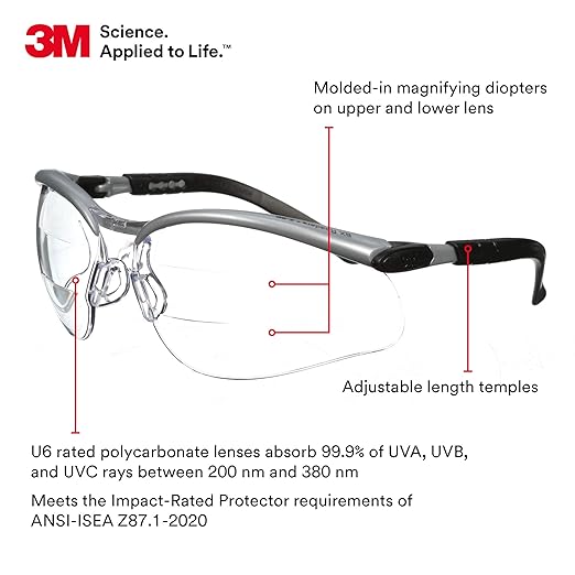 3M Safety Glasses, BX Dual Readers, +2.5, ANSI Z87, Anti-Fog Clear Lens, Silver/Black Frame, Adjustable Length Temples and Lens Angle