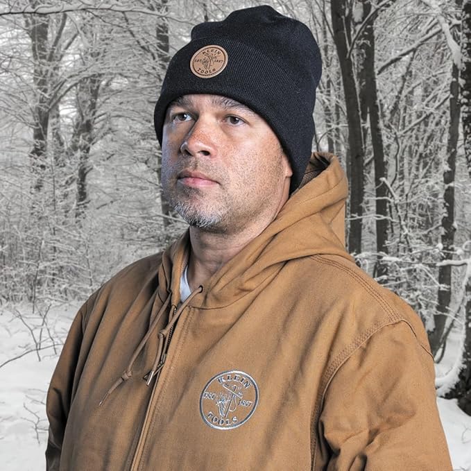 Klein Tools 60569 Heavy Knit Hat with Wide Cuff, Black, One Size Fits Most, Leather Logo