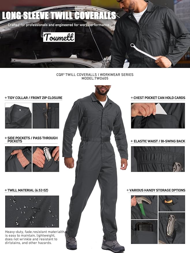 Coveralls for Men Long Sleeve Cotton Blend Work Jumpsuit with Multi Pockets Utility Work Wear