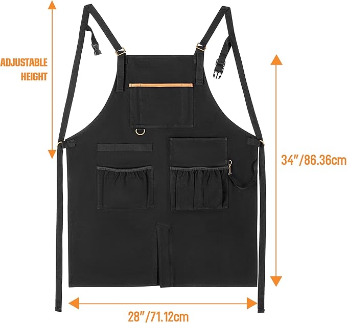 Heavy-duty BBQ Grilling Apron, Outdoor Cooking Apron for Men & Women Chef with Dual Shoulder Straps & Adjustable Buckle, Anti-oil Kitchen Apron with Multiple Pockets & Slit Hem, Apron Only