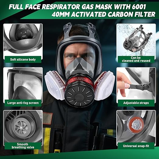 Full Face Respirator Mask, Gas Masks Survival Nuclear and Chemical with 40mm Activated Carbon Filter & 6001 Filter Cartridge,6800 Reusable Gasmasks for Paint, Welding and Other Work Protection