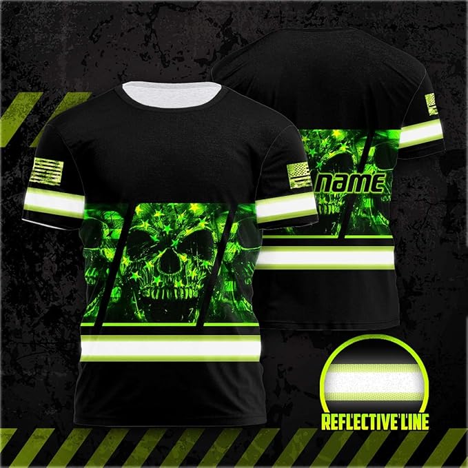 Matedecor Skull High Visibility Shirt Men Reflective Safety Shirts US Flag Custom Name Workwear, Runners, Walkers, Patriotic