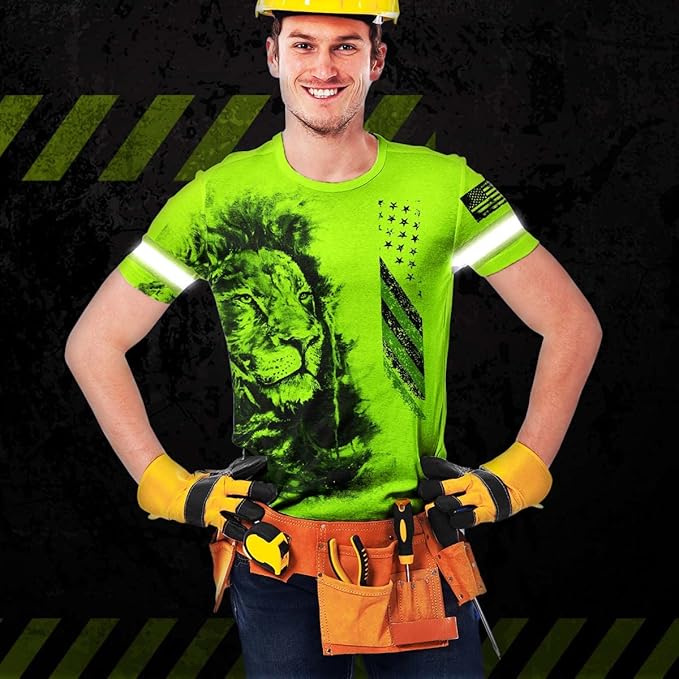 Matedecor Skull High Visibility Shirt Men Reflective Safety Shirts US Flag Custom Name Workwear, Runners, Walkers, Patriotic
