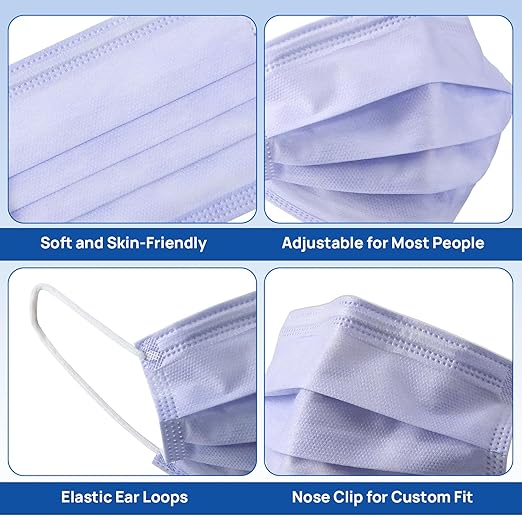 JMU 500pcs 3 Ply Purple Disposable Face Mask, Medical Grade, Comfortable & Breathable Suitable for Protection
