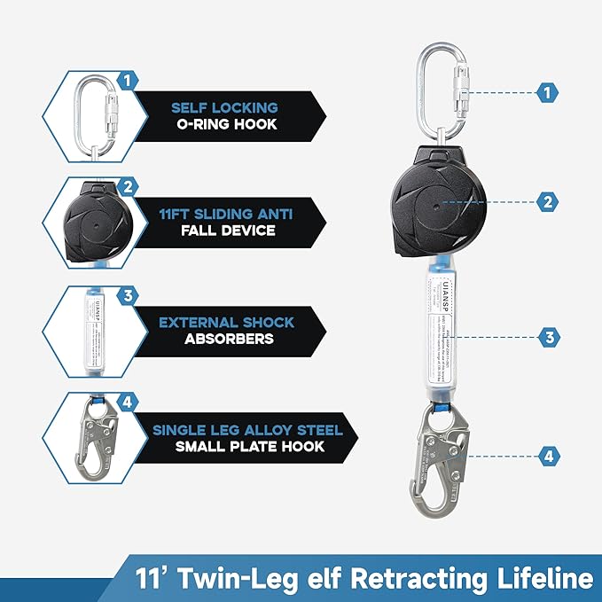 11FT Self Retracting Lifeline Fall Protection Retractable Safety Lanyard Rectracting Lifeline Personal Fall Arrest Protection ANSI Self Retractable Gear for Roofing Construction(Small Hook)