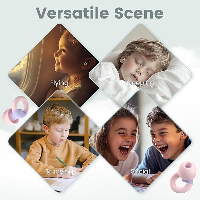 Kids Ear Plugs(6+yrs)-2 Pairs of Reusable Noise Reduction Earplugs for Small Canal With 6 Tips,Soft Silicone Earplugs for Sleeping,Focus,Travel,Socializing,Concert&Hearing Protection 25dB-30dB