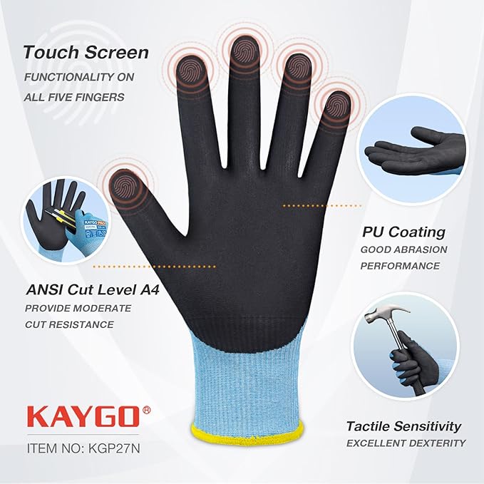 KAYGO Cut Resistant Gloves Micro Finishing Nitrile Coated,ANSI Cut Level A4,KG22NB