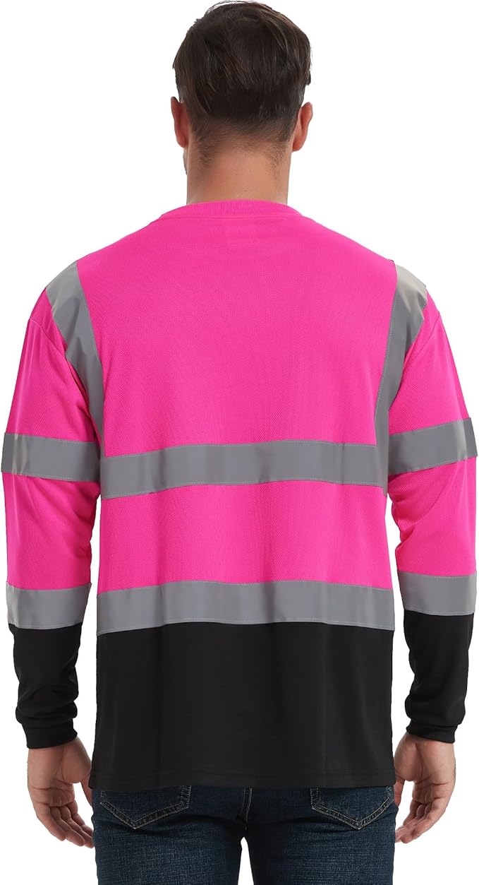ProtectX Men's High Visibility Heavy Duty Long Sleeve Reflective Safety T-Shirts for Construction, Class 2-3 Type R