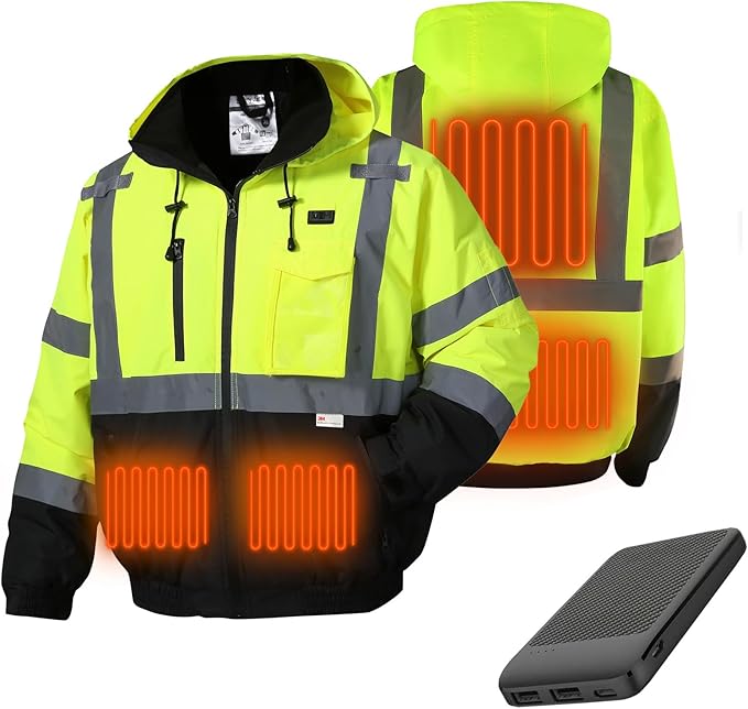 SKSAFETY Heated Safety Bomber Jacket, Class 3 Hi-Vis Waterproof Coat, 3M Reflective Tape, Work Construction Coats