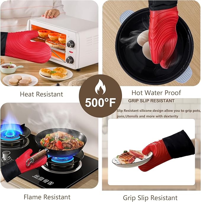 Silicone Oven Mitts-13.6 in Extended Oven Mitts Heat Resistant 500F, Oven Gloves with Soft Liner Good Grippy BPA-Free Easy to Clean Flexible-Oven Mits Set for Cooking Baking Grilling BBQ