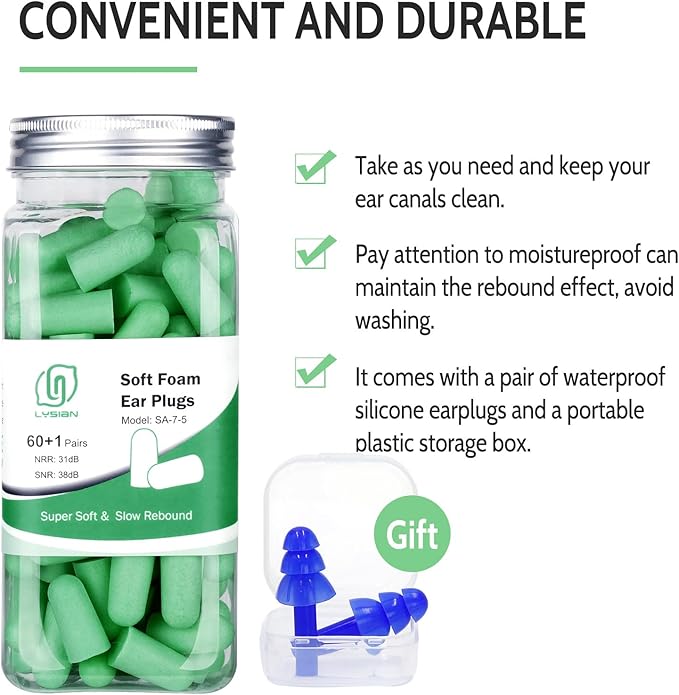 LYSIAN Ultra Soft Foam Earplugs for Sleep – 38dB SNR Disposable Ear Plugs for Sleeping, Snoring, Work & Shooting. Comfortable, Soundproof & Noise Cancelling – 60 Pairs (Green).