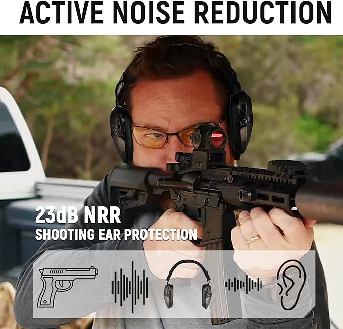 Shooting Ear Protection for Gun Range, Active Noise Reduction NRR 23dB, Shooting Ear Muffs Hearing Protection