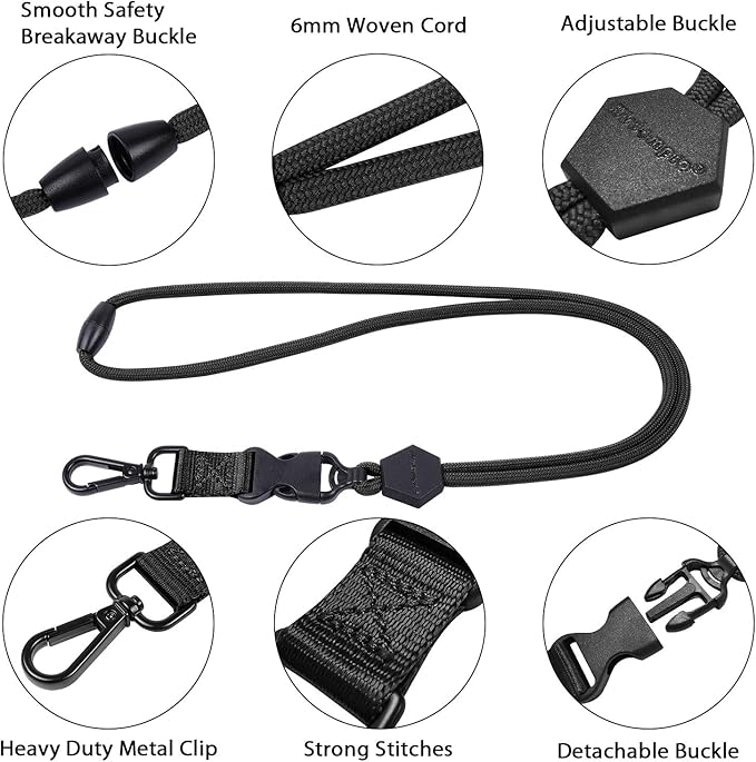 Wisdompro 2 Pack of 23 inch Durable Round Cord Heavy Duty Lanyard with Safety Breakaway Buckle, Detachable Buckle and Metal Hook for ID Card Badge Holder and Keys - Black and Black