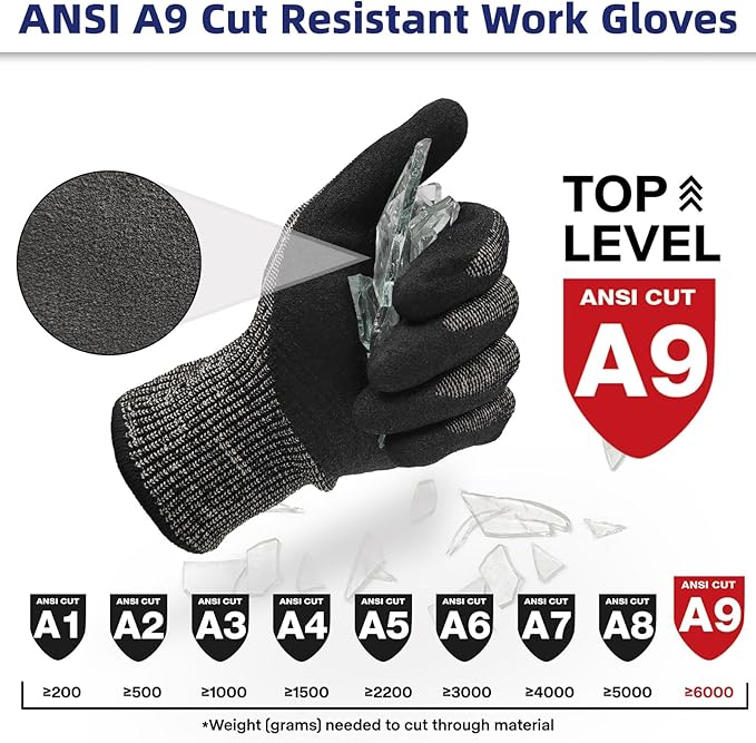 Schwer ProGuard Highest Level Cut Resistant Work Gloves PR3326 for Extreme Protection，ANSI A9 Cut Gloves with Reinforced Thumb, Non Slip, Breathable, Durable, Touch-screen, Non PFAS, Black 1 Pair（S）