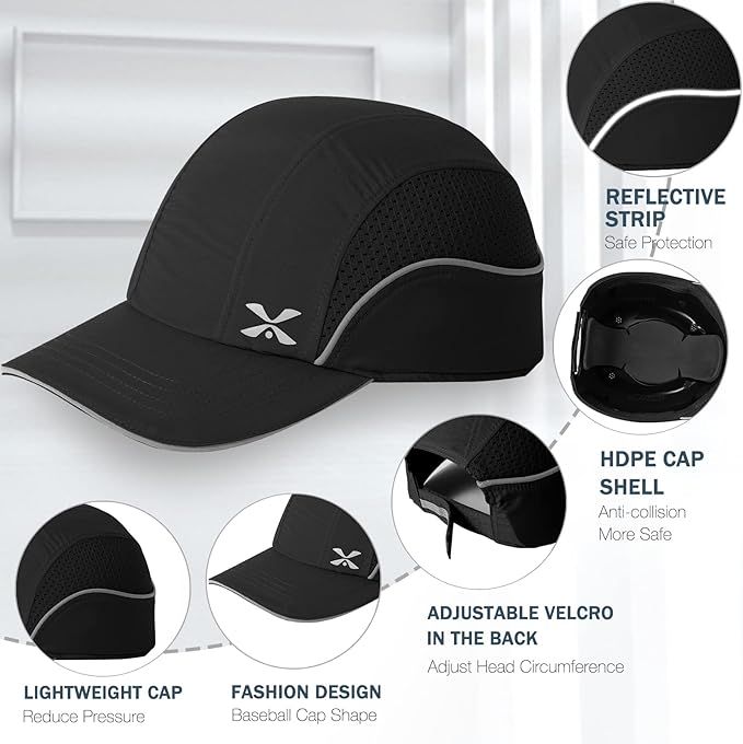 Lightweight Safety Bump Cap - Breathable Baseball Style Protective Hat with Reflective Stripes