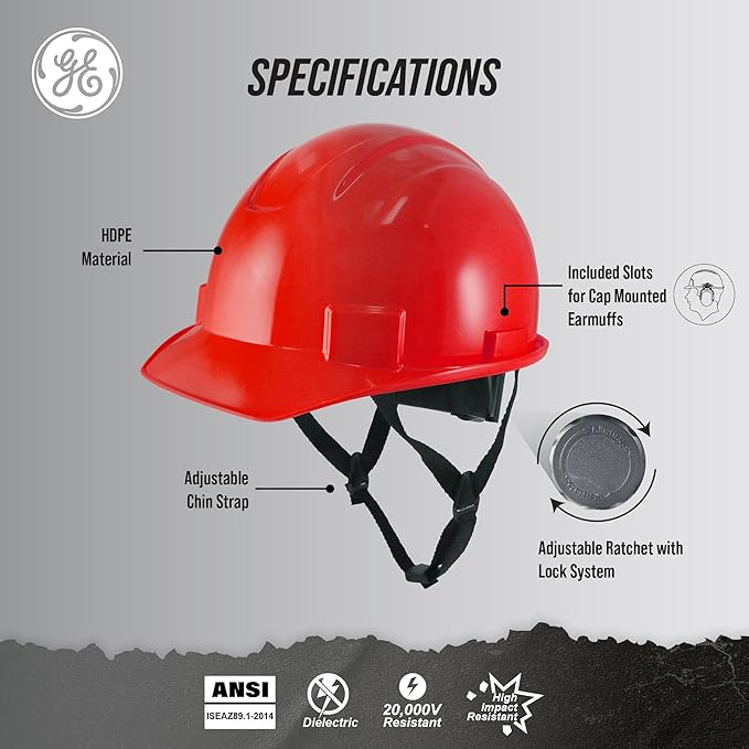GE Cap Style Hard Hat, 4-Point Ratchet Suspension, Earmuff Slots, High Impact Resistant, Sweat-Wicking Sweatband, Meets ANSI Z89.1-2014, Comfortable, Durable, and Protective - Red, Non-Vented