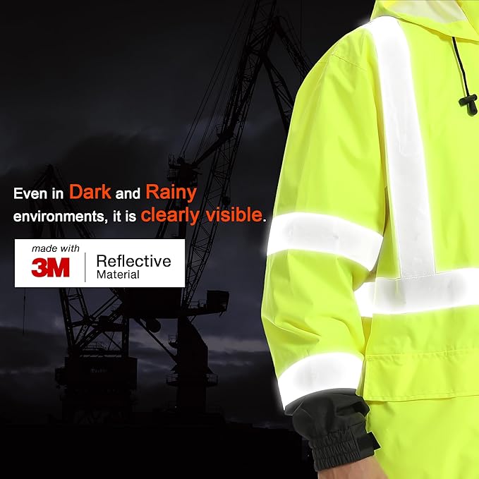 Reflective Rain jackets for men waterproof,Hi Vis Rain Coat With 3M Reflective Strips，High Visibility Class 3 Rain Gear With 2 large pockets，Zipper,Black Bottom Lime，6XL