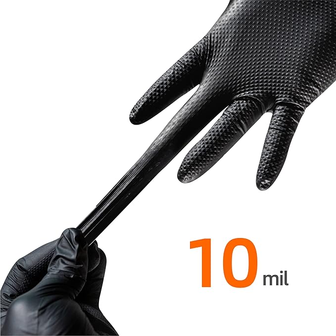10 Mil Nitrile Disposable Gloves Heavy Duty Mechanic Gloves Raised Diamond Texture Thick (Black of 1000, Large)