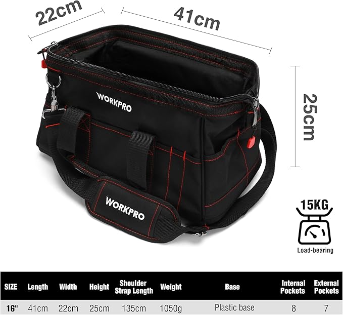 WORKPRO 16-inch Close Top Wide Mouth Tool Storage Bag with Water Proof Rubber Base, W081022A, 16"