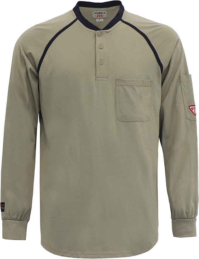 TICOMELA FR T Shirt Flame Resistant Shirt 5.5oz 100% Cotton Light Weight Workwear Men's Long Sleeve Henley Shirts