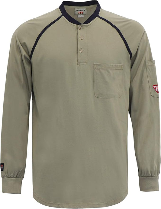 TICOMELA FR T Shirt Flame Resistant Shirt 5.5oz 100% Cotton Light Weight Workwear Men's Long Sleeve Henley Shirts