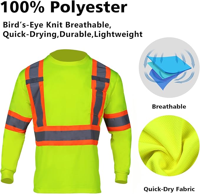 VENDACE Men's High Vis Safety Work T Shirt ANSI Class 3 Reflective Long Sleeve Shirt with Pocket(Yellow,3XL)