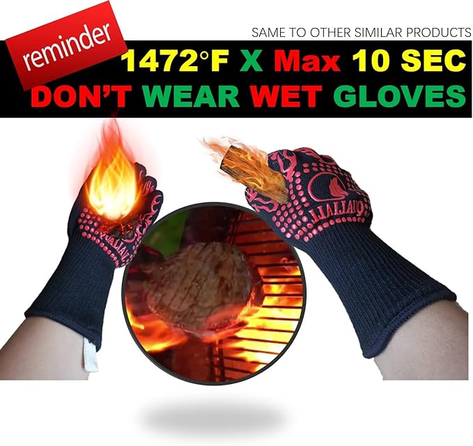 BBQ Gloves, 1472°F, EN407 Certified. Extreme Heat Resistant, Long Sleeve, Anti-Slip, Sweat Absorption, Comfier Easier and Safer for Grilling, Barbecue, Smoking, Cooking, Baking, Pot Holding. Red