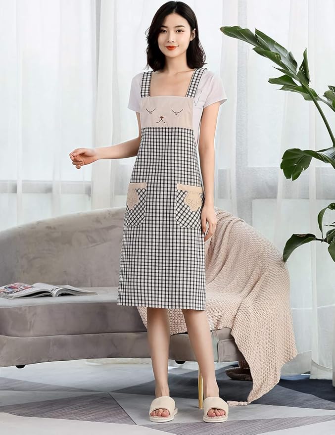 NEWGEM Women Cooking Apron with Pocket Cotton Cute Kitchen Pinafore for Baking Cleaning