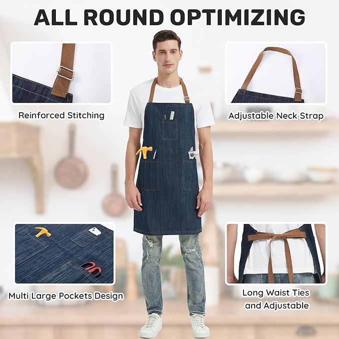 Cotton Denim Apron for Men Women, Professional Chef Apron with Large Pockets for Kitchen Cooking Gardening BBQ Hair Stylist Barista Restaurant, Heavy Duty Jean Work Apron Adjustable Size