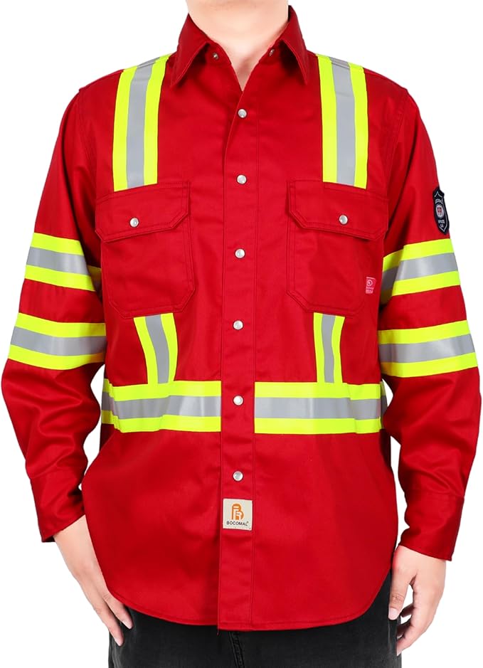 BOCOMAL FR Shirts High Visibility/Hi Vis Flame Resistant/Fire Retardant Shirt 7.5oz Men's Reflective Shirts