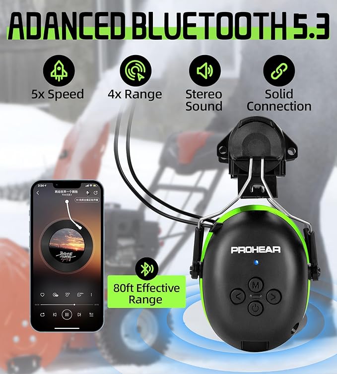PROHEAR Safety Headphones with Bluetooth 5.3 - Compatible with 3M H-700 & DEWALT Hard Hats, 40H Battery Green - OSHA Hearing Protection for Construction Workers, Landscaping, Mowing