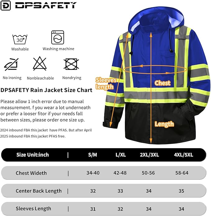 Reflective Rain jackets for men waterproof,Hi Vis Safety Coat With Reflective Strips，High Visibility Class 3 Rain jackets With 2 large pockets，Zipper,Blue,2XL/3XL