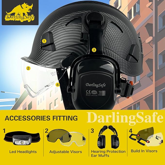 DS-A8S Matte Black Hard Hats with Visor Ear Muffs Safety Helmet Outdoor Work Head Protection ANSI Z89.1 OSHA Approved Industrial Forestry