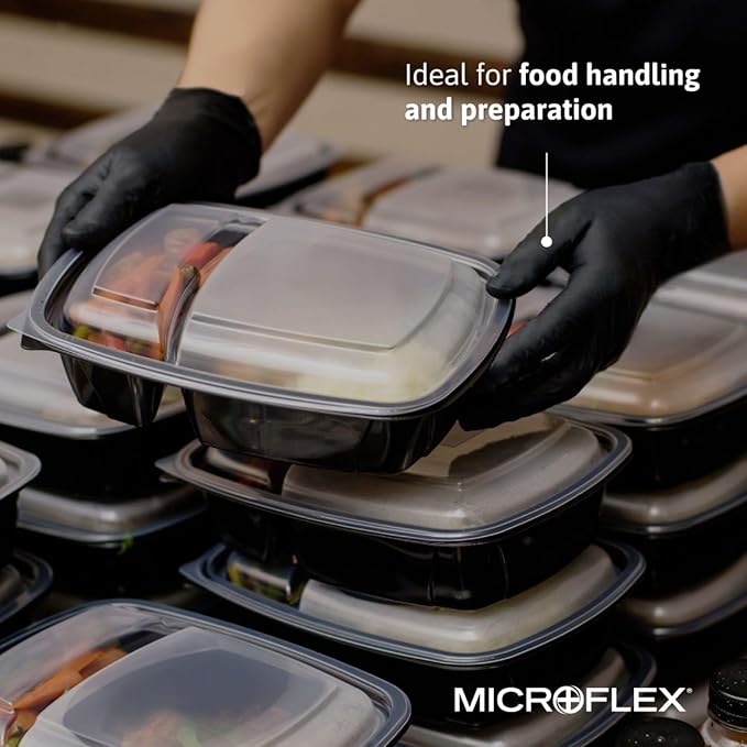 Ansell MICROFLEX MidKnight MK-296 Disposable Nitrile Gloves for Automotive, Law Enforcement w/ Full Texture - Large, Black (Box of 100)