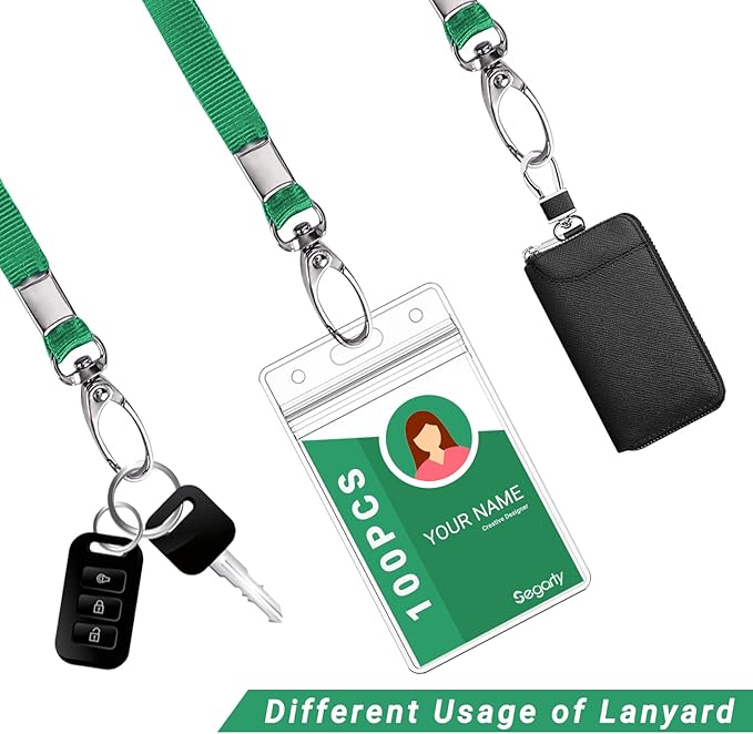 Segarty Lanyards with ID Holder, 100 Pack Vertical Badge Clear Plastic Name Tags Neck Key Card Bulk, Green Strap Clips Waterproof Ziplock Nametag Protector for Women, Business, Student, School, Office