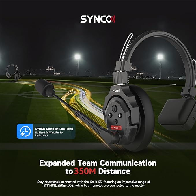 SYNCO XTalk X9 Full Duplex AEC Wireless Intercom Headset System Support 2.4GHz 9-Person Team Communication,350M/1148FT Real-time Monitoring,24-Hour Battery Life