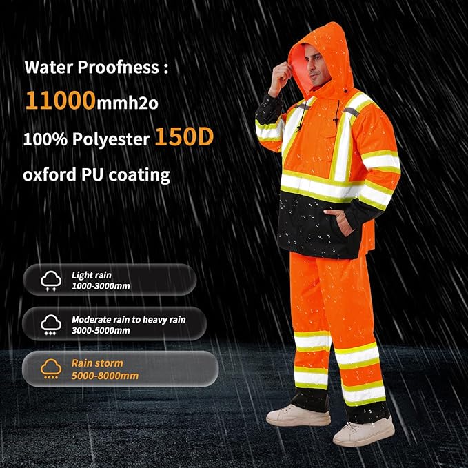 Hi Vis Safety rain Jacket，Reflective Class 3 Rain coat with Inner Mesh Lining and Pockets High Visibility Waterproof work Rain Suits for men&women（Orange,2XL/3XL）