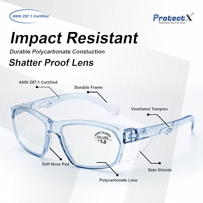 ProtectX Stylish Anti-Fog & Scratch-Resistant Safety Glasses With Readers, UV Protection Goggles, Anti-Impact Lightweight Glasses for Men＆Women 1.0 Blue