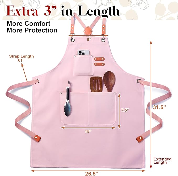 Chef Apron for Men Women with Pockets,Cross Back Cotton Canvas Plus Size Apron for Cooking BBQ Baking Gardening