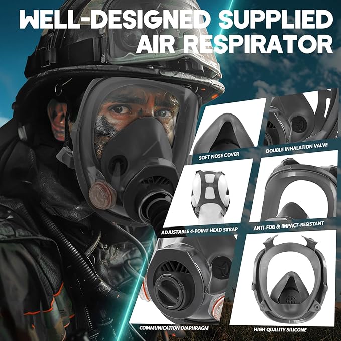Portable PAPR Respirator System: Powered Air Purifying Respirator - Supplied Air Respirator with 40mm Gas Mask Filters Full Face Gas Mask for Industry Chemicals Welding Paint