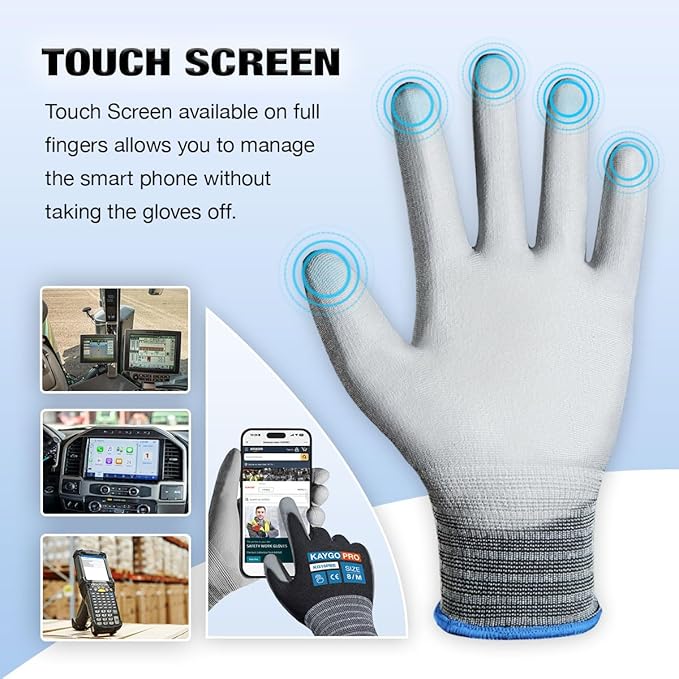 KAYGO Work Gloves PU Coated-12 Pairs KG15P, Nylon Lite Polyurethane Safety Work Gloves with full fingers Touchscreen, Knit Wrist Cuff,Ideal for Light Duty Work (Small, Black)