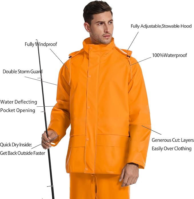 Men's Workwear PRO Rain Suit - Waterproof Jacket and Bib Pants 3-piece Set for Ultimate Safety and Comfort