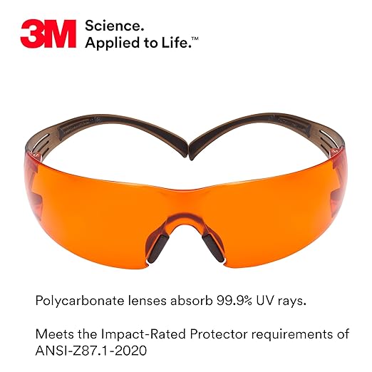 3M Safety Glasses, SecureFit, 20 Pack, ANSI Z87, Scotchgard Anti-Fog Anti-Scratch, Orange Lens, Brown/Black Frame, Flexible Temples