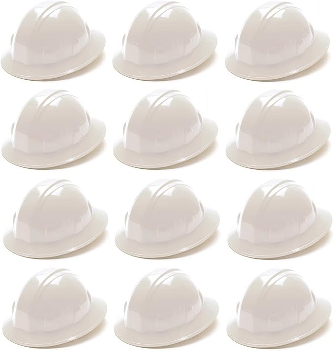 Pyramex HP24110 Full Brim Hard Hat 4-Point Ratchet Suspension, White (12-Pack)