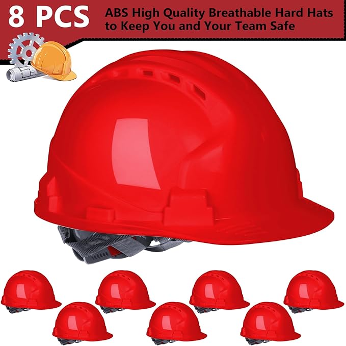 Leumoi 8 Pieces 4 Pt. Suspension Hard Hat Bulk Safety Helmets Adjustable Ratchet Hard Hats with Vents and Cotton Brow Pad ABS Construction Hardhats for Men Work Head Protection Supplies