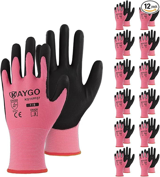 KAYGO Safety Work Gloves PU Coated, 12 Pairs KG11P Seamless Knit Glove with Polyurethane Coated Smooth Grip on Palm & Fingers, for Men and Women, Ideal for General Duty Work, Pink,Small