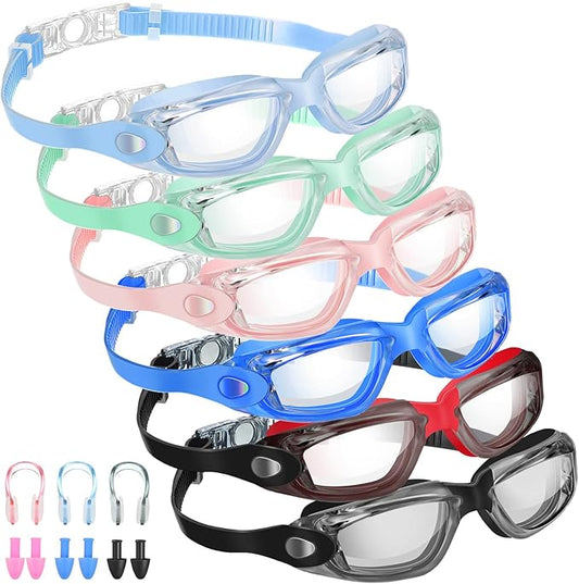 Flutesan 6 Pack Swimming Goggles Adult Kids Anti Fog Pool Goggles with Ear Plugs Nose Clip No Leaking Full Protection