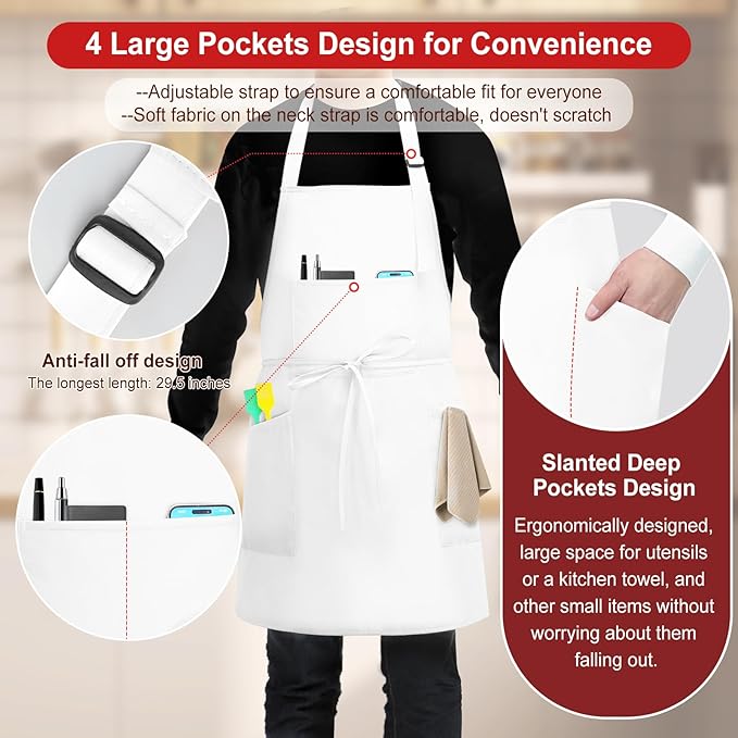 3 Pcs Dual Waterproof Oilproof Kitchen Chef Aprons with 4 Pockets for Men Women, Adjustable Soft Anti-Tear Cooking Bib Apron for Baking Grilling BBQ Painting Cleaning (White)