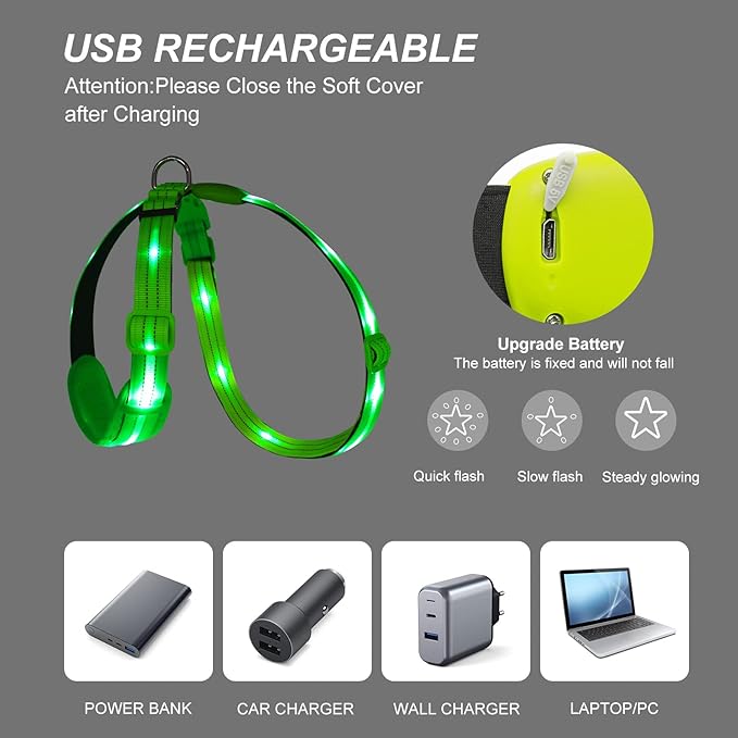 Light Up Dog Vest Harness Rechargeable, Adjustable & Reflective LED Lighted Dog Harness, Glow Dark Dog Light Harness for Night Safety Walking, Green Extra Large