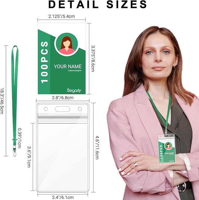 Segarty Lanyards with ID Holder, 100 Pack Vertical Badge Clear Plastic Name Tags Neck Key Card Bulk, Green Strap Clips Waterproof Ziplock Nametag Protector for Women, Business, Student, School, Office